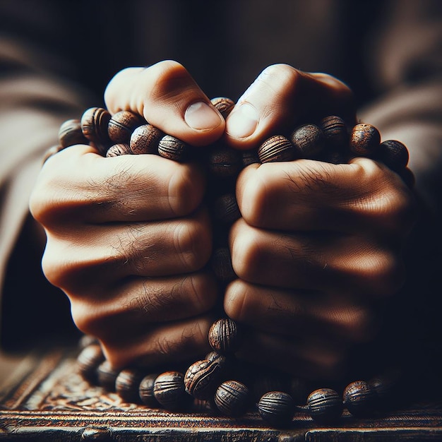 CloseUp of Hands Firmly Holding a Worn Tasbih Symbolizing Intense Depth of Prayer