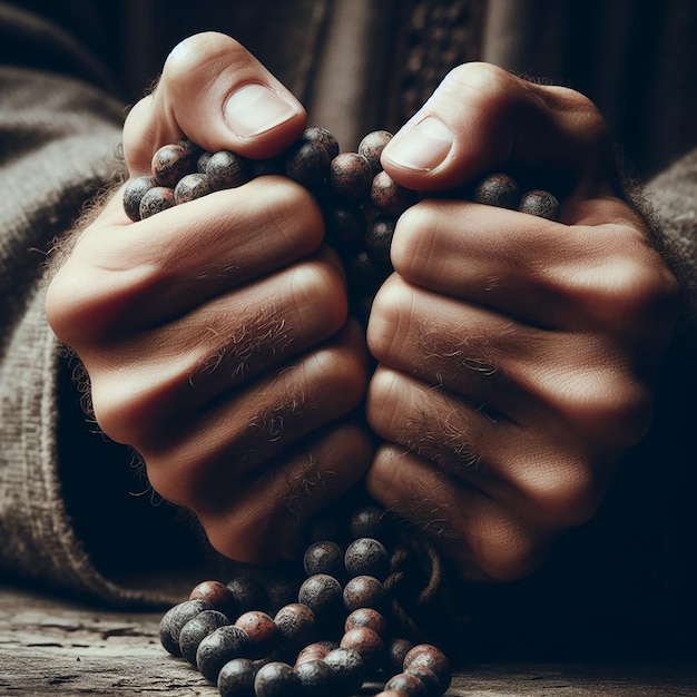 CloseUp of Hands Firmly Holding a Worn Tasbih Symbolizing Intense Depth of Prayer