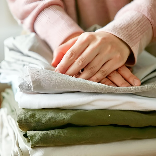 Photo closeup of hands folding laundry clean clothes neatly stacked