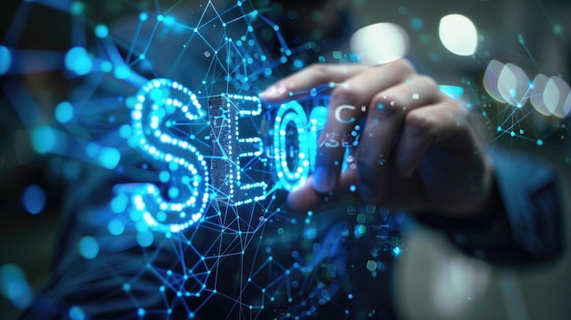 Closeup of hands forming SEO with digital network