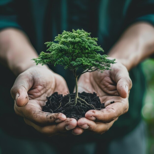 Closeup of hands gently holding a small tree seedling symbolizing growth nature conservation and environmental care