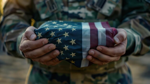 Photo closeup of hands grasping an american flag tightly during a military ceremony