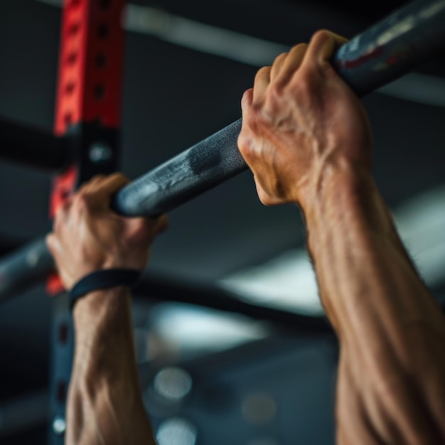 Photo closeup of hands gripping a pullup bar showcasing strength and determination in a fitness environment