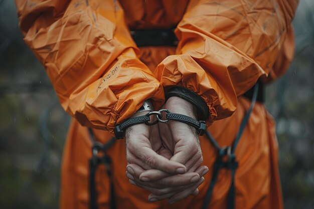 Closeup of hands in handcuffs wearing an orange jumpsuit Conceptual image of imprisonment and law enforcement Suitable for articles blogs legal content and documentaries Generative AI