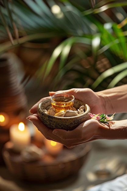 Photo closeup of hands holding a bowl with aromatherapy oil surrounded by natural elements and soft candle