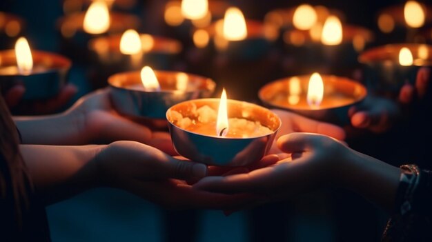 Closeup of hands holding candles during a cancer memorial event honoring those who lost their batt