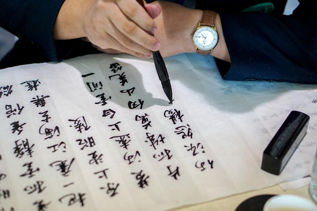 Closeup hands holding a Chinese brush writing Chinese texts from black ink on a paper