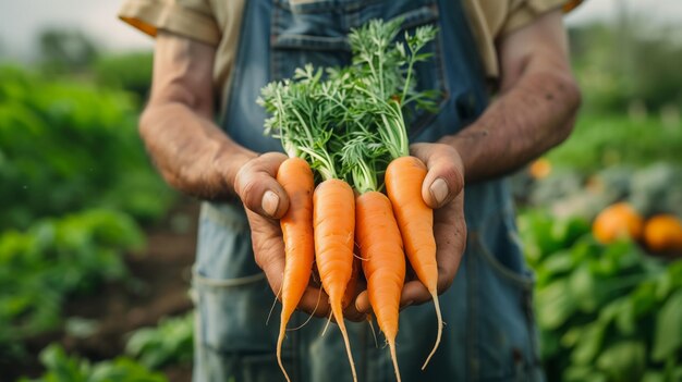 Closeup of hands holding fresh carrots with the background showing an organic farm setting