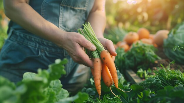 Closeup of hands holding fresh carrots with the background showing an organic farm setting