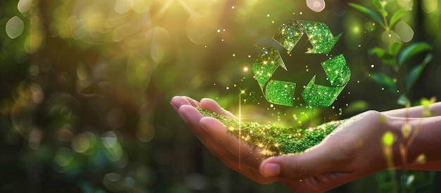 closeup hands holding a green recycle symbol with a sparkling effect a blurred background of nature