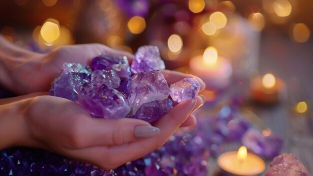 Photo closeup of hands holding a handful of amethyst crystals in front of a candlelit background the warm