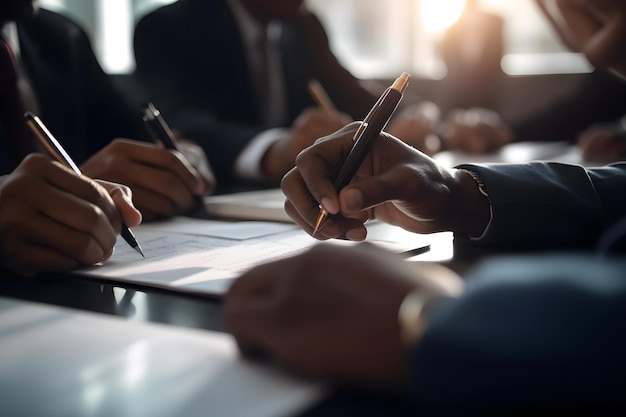 A closeup of hands holding pens and signing a contract during a business meeting Generative Ai