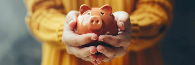 Closeup of hands holding a piggy bank symbolizing savings financial responsibility wealth