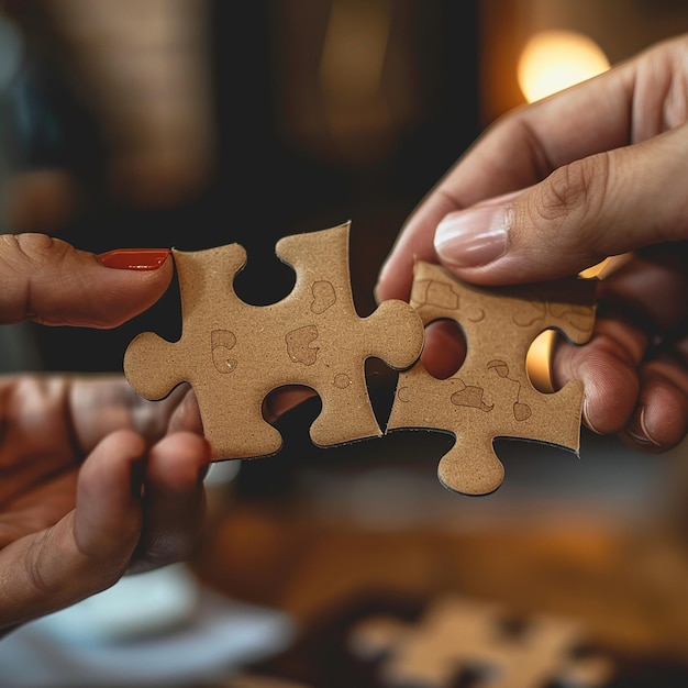 Photo closeup of hands holding puzzle pieces cooperation and unity