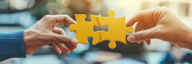 Photo closeup of hands holding puzzle pieces cooperation and unity