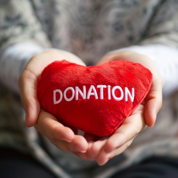 Photo closeup of hands holding a red heartshaped donation pillow