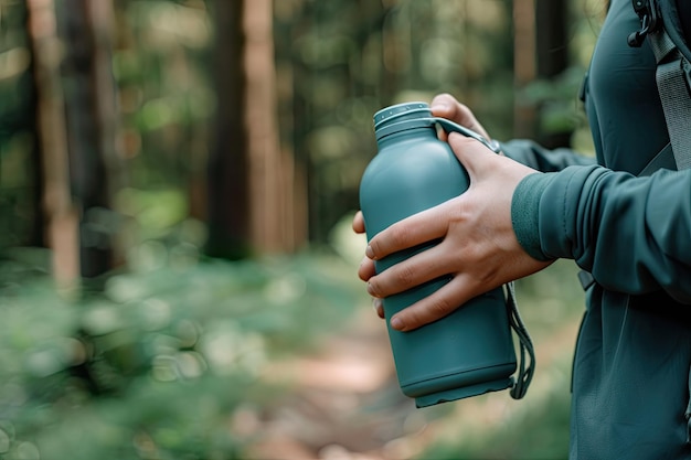 Photo closeup of hands holding a reusable water bottle while hiking