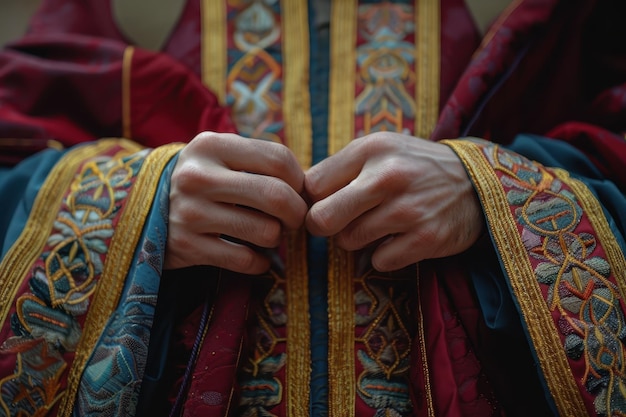 Closeup of Hands Holding a Robe with Elaborate Embroidery