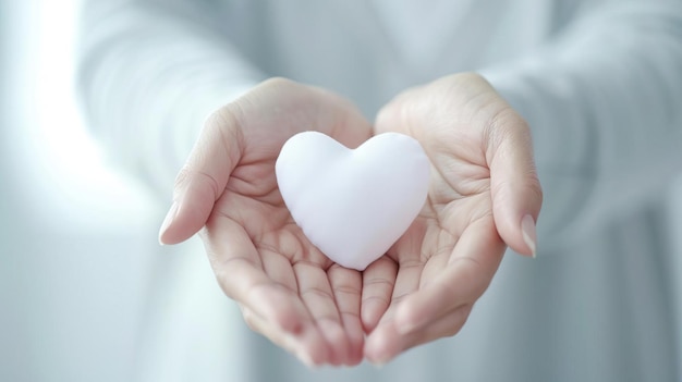 Closeup of hands holding a small white heart