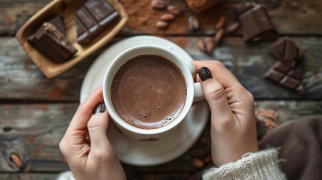 Photo a closeup of hands holding a steaming mug of hot cocoa on a wooden table surrounded by pieces of dark chocolate and cocoa powder