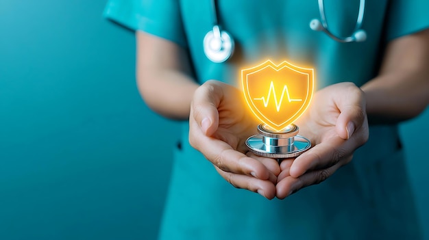 Closeup of hands holding a stethoscope with a glowing shield icon representing health protection