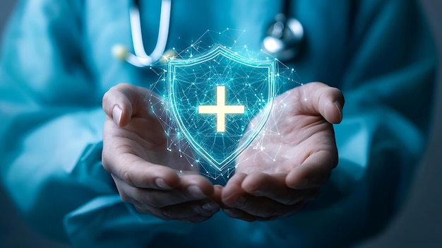 Photo closeup of hands holding a stethoscope with a glowing shield icon representing health protection