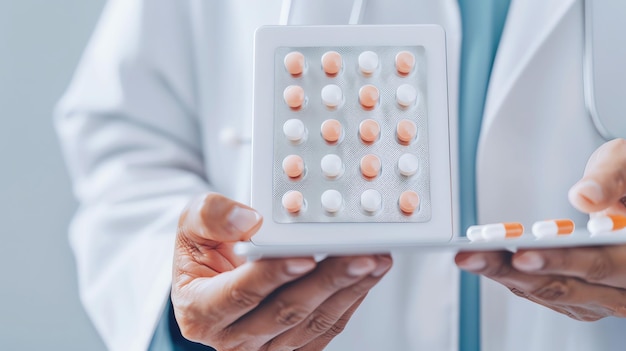 A closeup of hands holding a tablet displaying analgesic dosage in a clinic emphasizing modern healthcare management