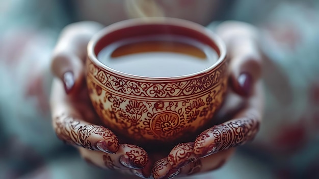 Closeup of Hands Holding a Traditional Cup with Intricate Red Floral Patterns Photo