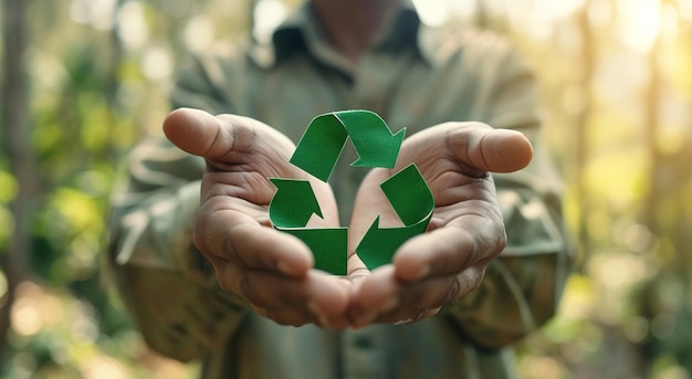 Closeup of hands holding a vibrant green recycling symbol promoting environmental