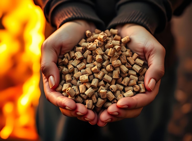 Photo closeup of hands holding wooden pellet pile