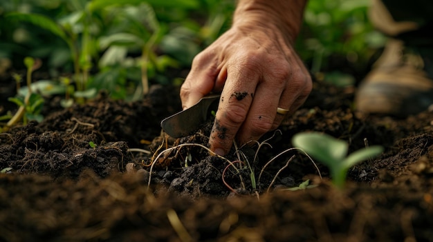 A closeup of hands inspecting soil quality with a trowel rich dark soil with small roots and worms small farm with plants in the background focused and earthy mood detailed photography