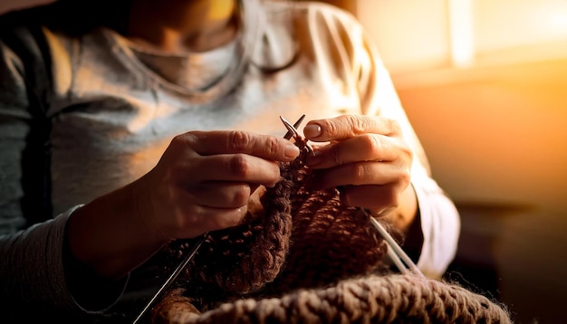 Photo closeup of hands knitting with needles