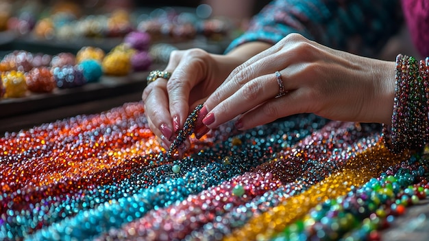 Photo closeup of hands making beaded jewelry with colorful beads