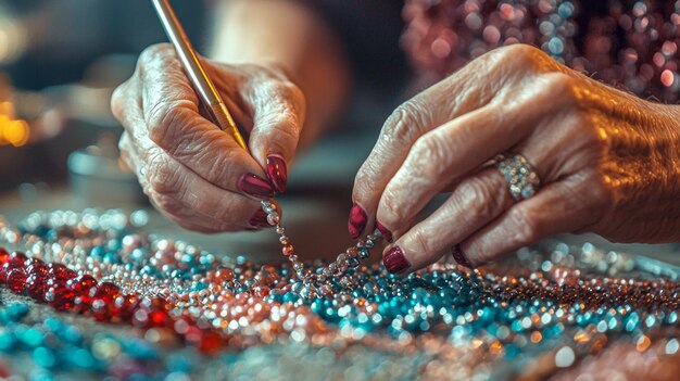 Photo closeup of hands making jewelry with beads