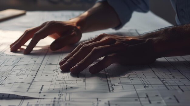 Photo closeup of hands meticulously working on architectural blueprints capturing the dedication and precision behind each detail