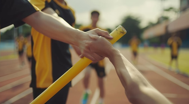 Photo closeup of hands passing baton on the track olympics