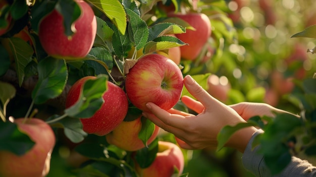 A closeup of hands picking apples from a tree lush green leaves