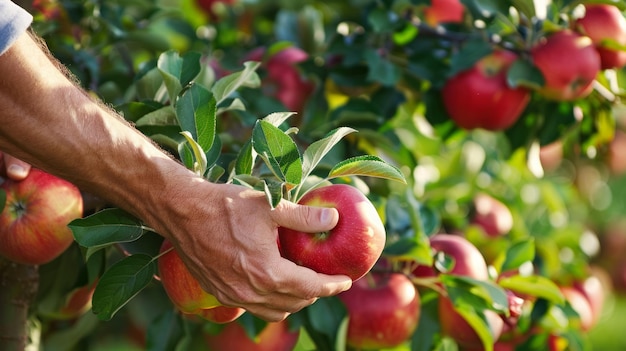 A closeup of hands picking apples from a tree lush green leaves