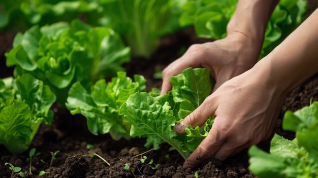 A closeup of hands picking fresh lettuce from a garden bed vibrant green