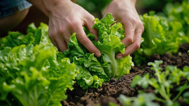 A closeup of hands picking fresh lettuce from a garden bed vibrant green