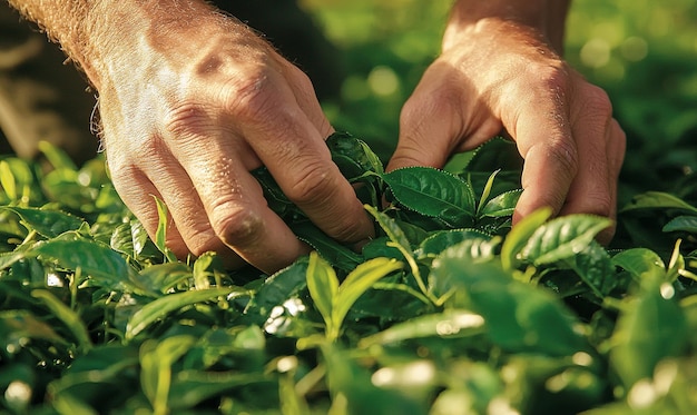 Closeup of Hands Picking Fresh Tea Leaves