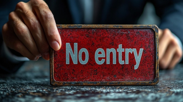 Photo closeup of hands placing a no entry sign on a table