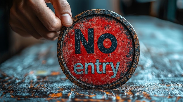 Photo closeup of hands placing a no entry sign on a table