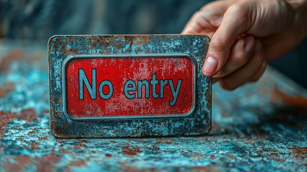 Photo closeup of hands placing a no entry sign on a table