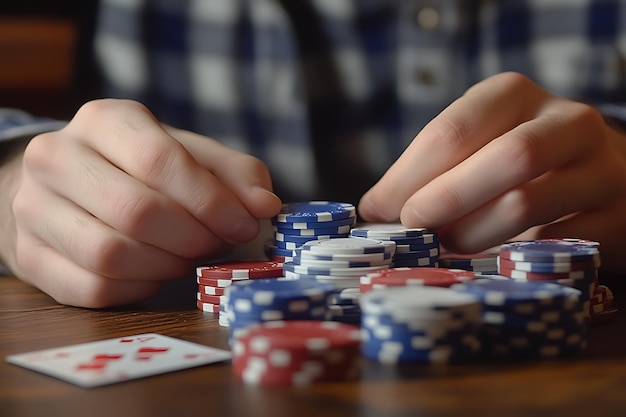 Closeup of Hands Placing Poker Chips on a Wooden Table