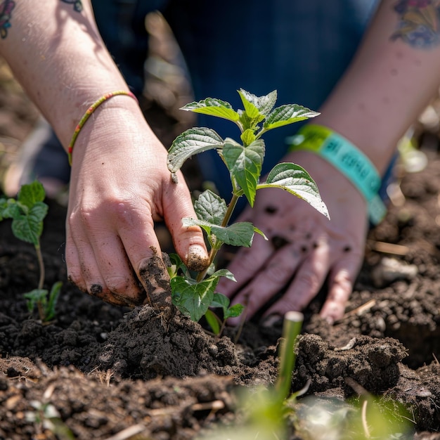 Closeup of hands planting a small green plant in soil symbolizing gardening growth and environmental care