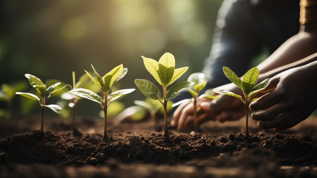 Closeup of hands planting small tree in fertile soil nurturing growth ecoawareness concept