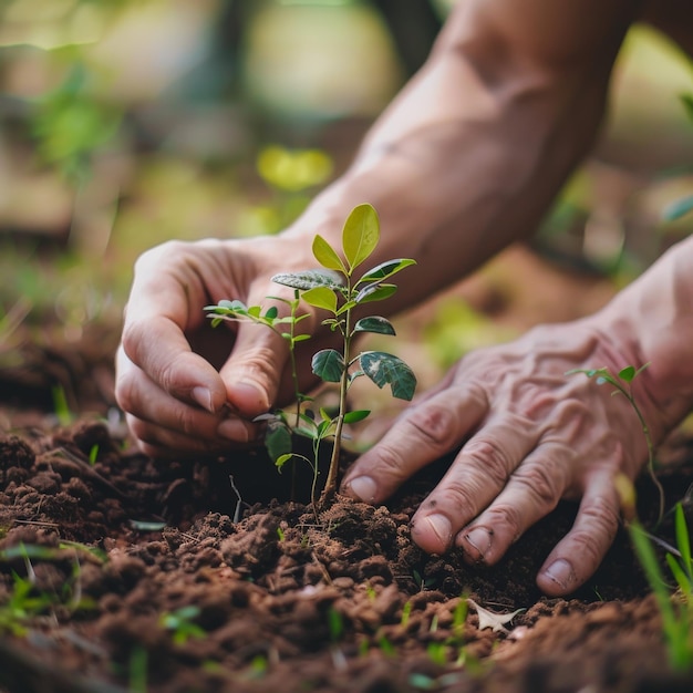 Closeup of hands planting a small tree in soil symbolizing environmental conservation growth and the importance of nature