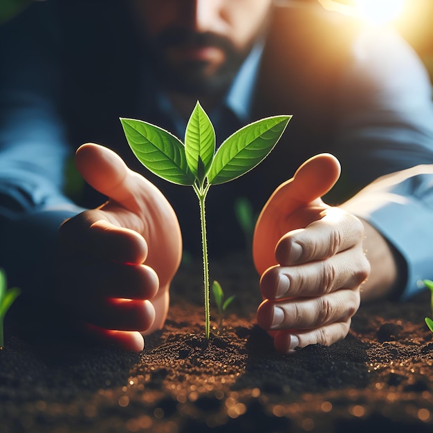 Closeup of hands planting a young tree in fertile soil according to the concept of saving the world