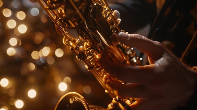 A closeup of hands playing a saxophone with golden reflections and bokeh lights in the background capturing the essence of music and rhythm